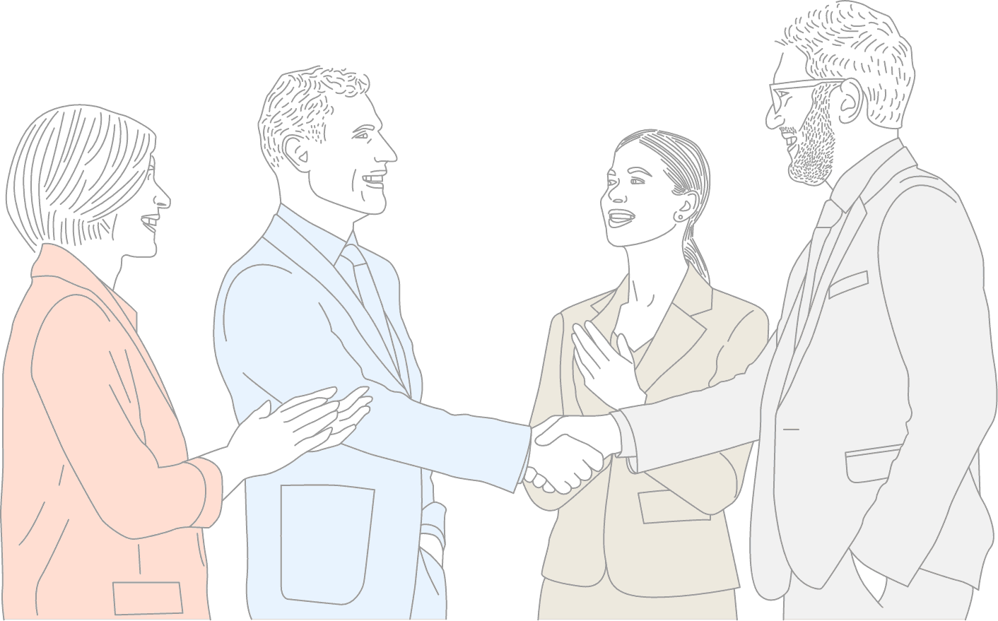 Illustrated sketch of well-dressed business professionals in suits networking.
