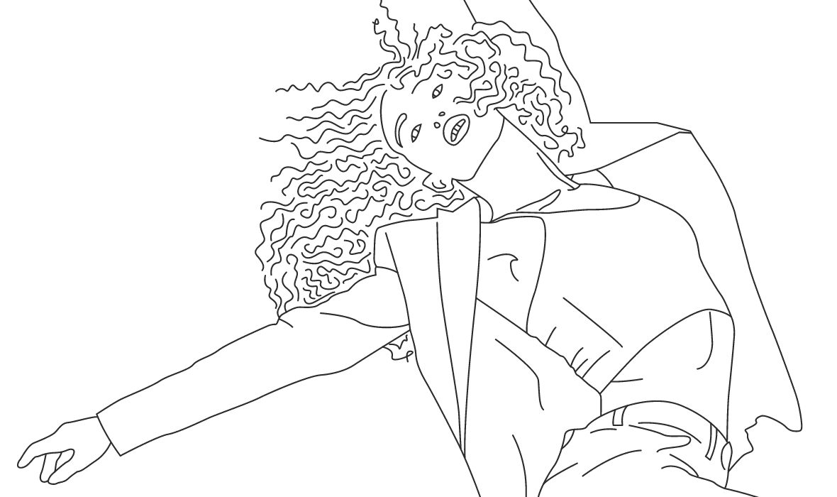 Sketched illustration of a woman dancing in a suit jacket.