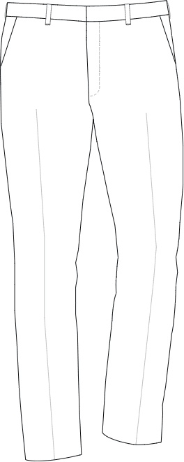 Drawing of men's Modern Fit suit pants with a roomier waist and more straight leg shape.