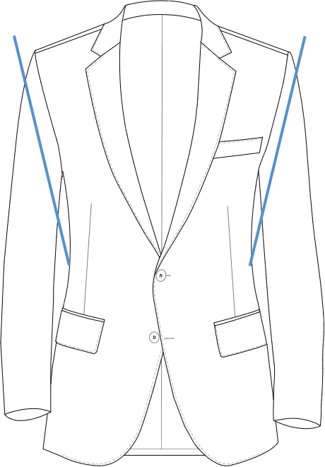 Slim Fit suit jacket with lines pointing out tapered, v-shape fit type.