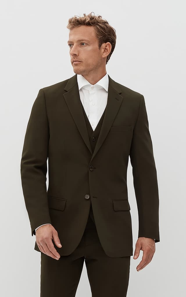 Man wearing an olive green suit with no tie.